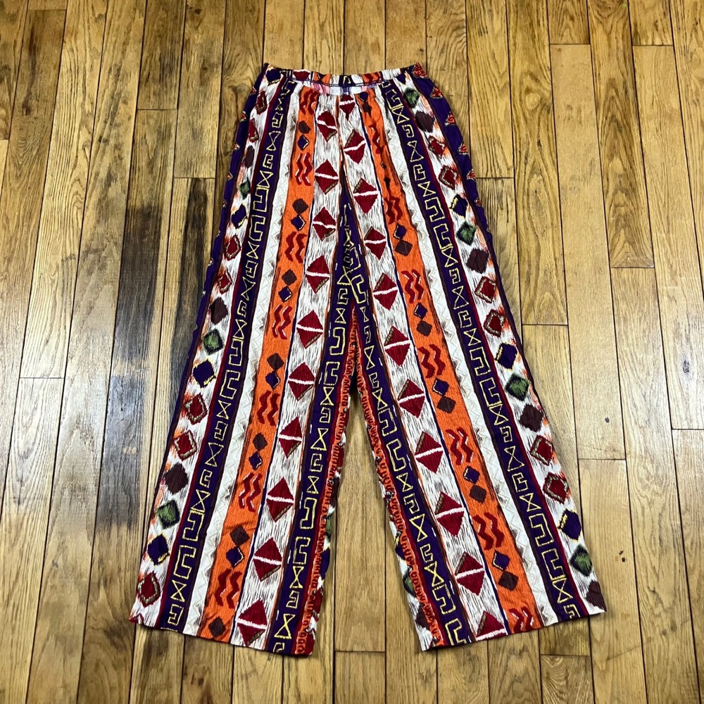 Vintage 90s Culottes Geometric Tribal Print Wide Leg Pants Orange Purple M